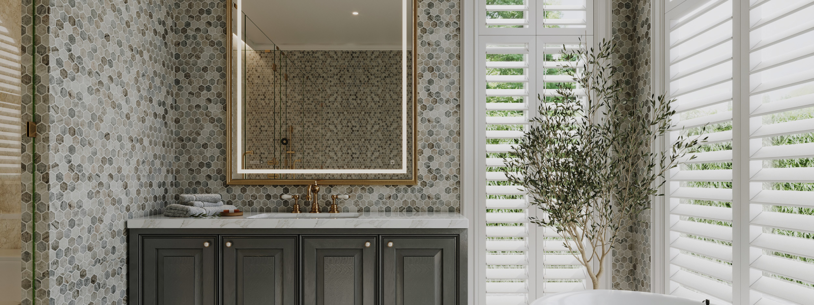 Modern bathroom design featuring advanced tile, quartz, and stone applications.