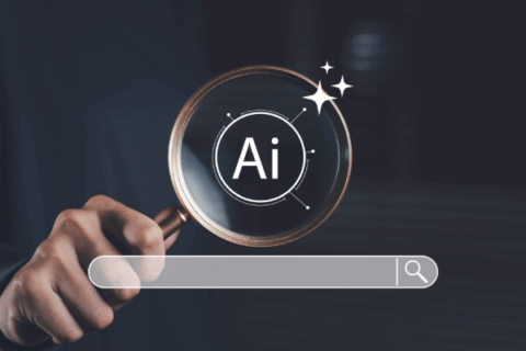 Person using a magnifying glass with an AI icon and search bar to find interior design tools.