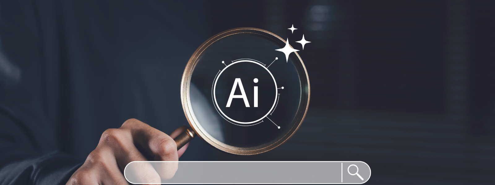 Person using a magnifying glass with an AI icon and search bar to find interior design tools.