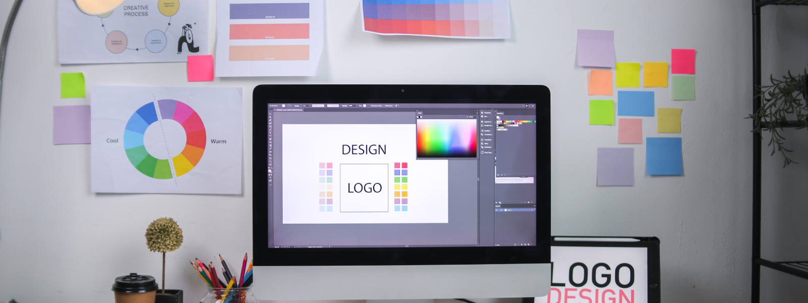 Creative design workspace with color wheels and branding software for kitchen and bath brand strategy.