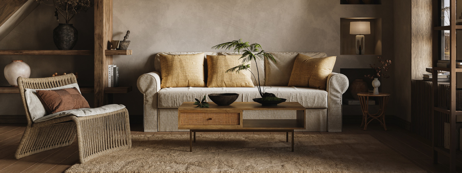 Thoughtfully styled living room with earth-toned decor, natural textures, and a woven pendant light.