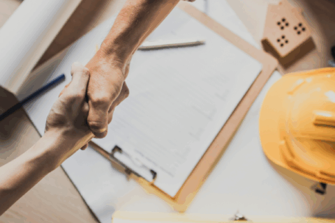 Interior designer and remodeling contractor handshaking over project contract and hard hat.