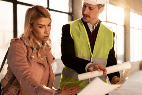Interior designer and contractor conducting a site walkthrough reviewing architectural floor plans.