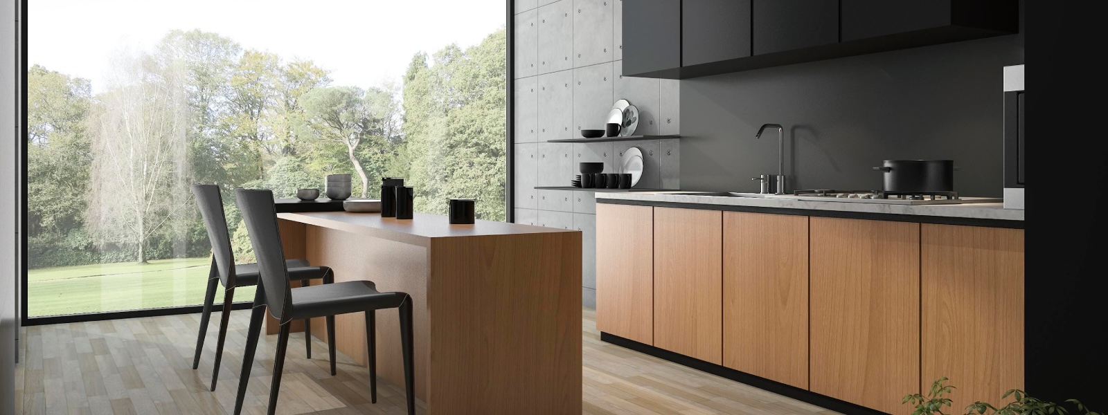 Minimalist clutter-free kitchen with warm wood cabinetry and clean counter space