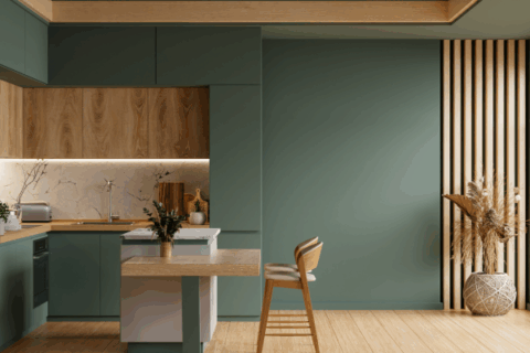 Custom wood kitchen island and matching architectural woodwork details in modern residential interior
