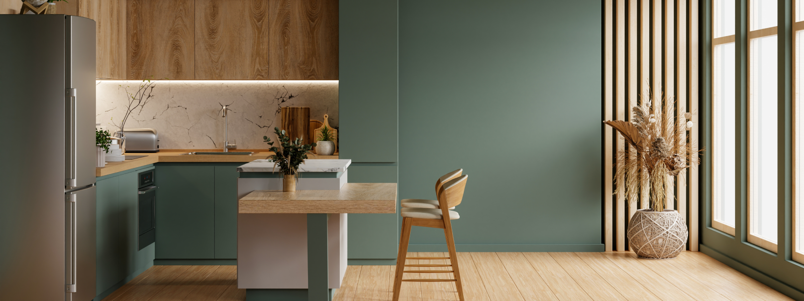 Custom wood kitchen island and matching architectural woodwork details in modern residential interior