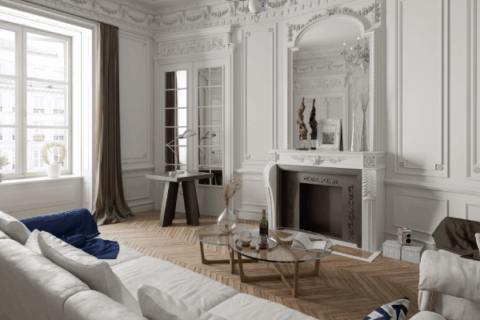 Classic interior living room with decorative fireplace mantel, white wall paneling, and hardwood floors