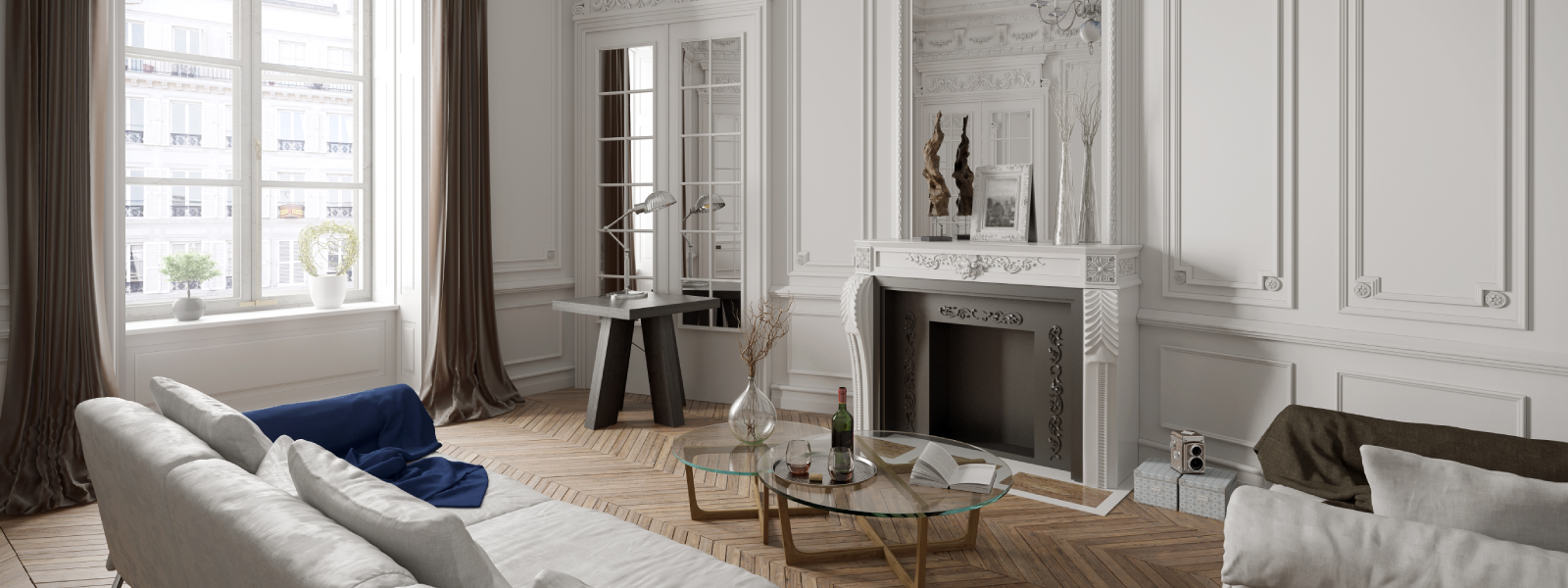 Classic interior living room with decorative fireplace mantel, white wall paneling, and hardwood floors