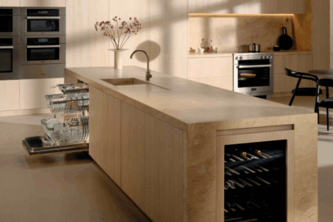 Seamless modern kitchen with integrated Miele wall ovens, island dishwashers, built-in wine fridge, and warm wood finishes